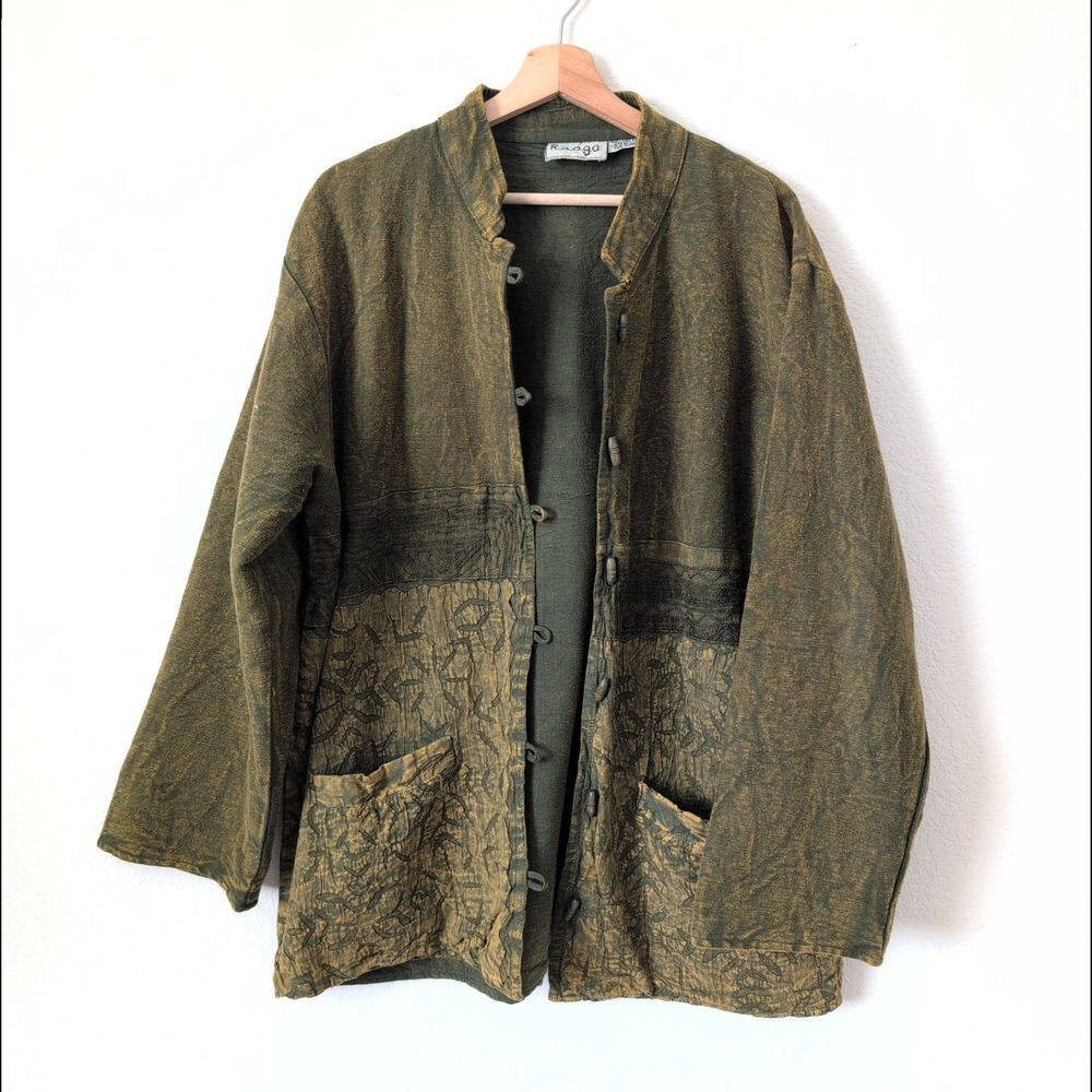 Raaga Olive Green Cotton Patchwork Toggle Jacket OS Boho Artisan India Earthy